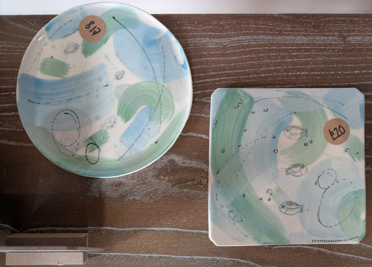 Handpainted ceramic side plate and tile - three wee happy fish