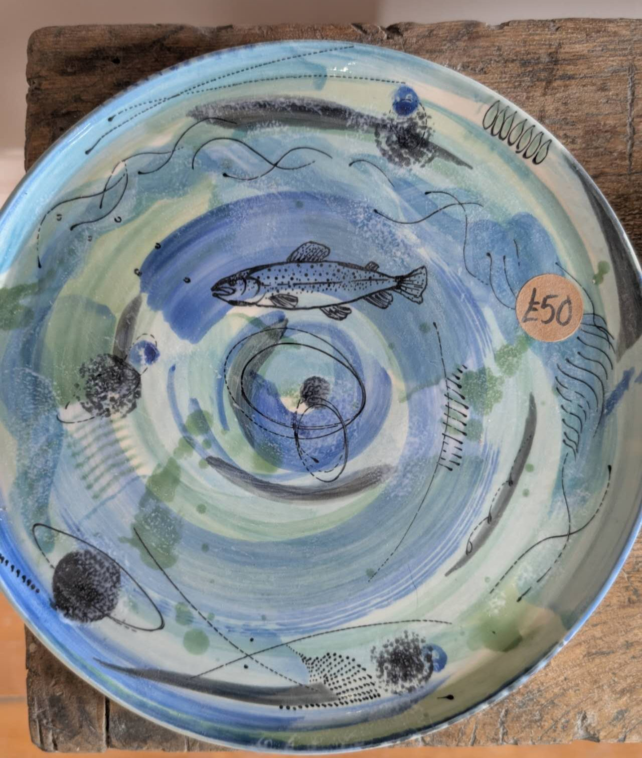Large hand painted dinner plate (Porcelain w trout pattern)